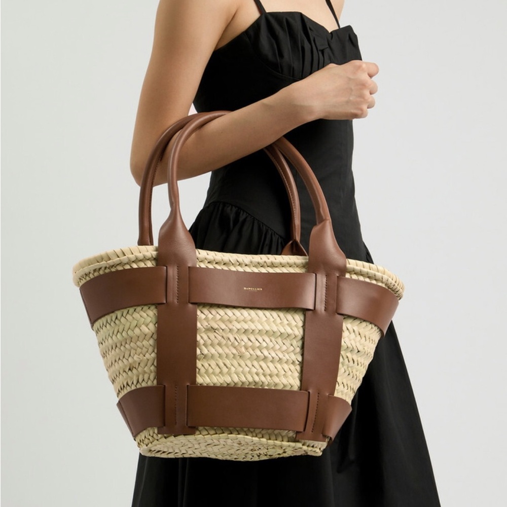 DeMellier Natural Straw and Brown Leather Tote